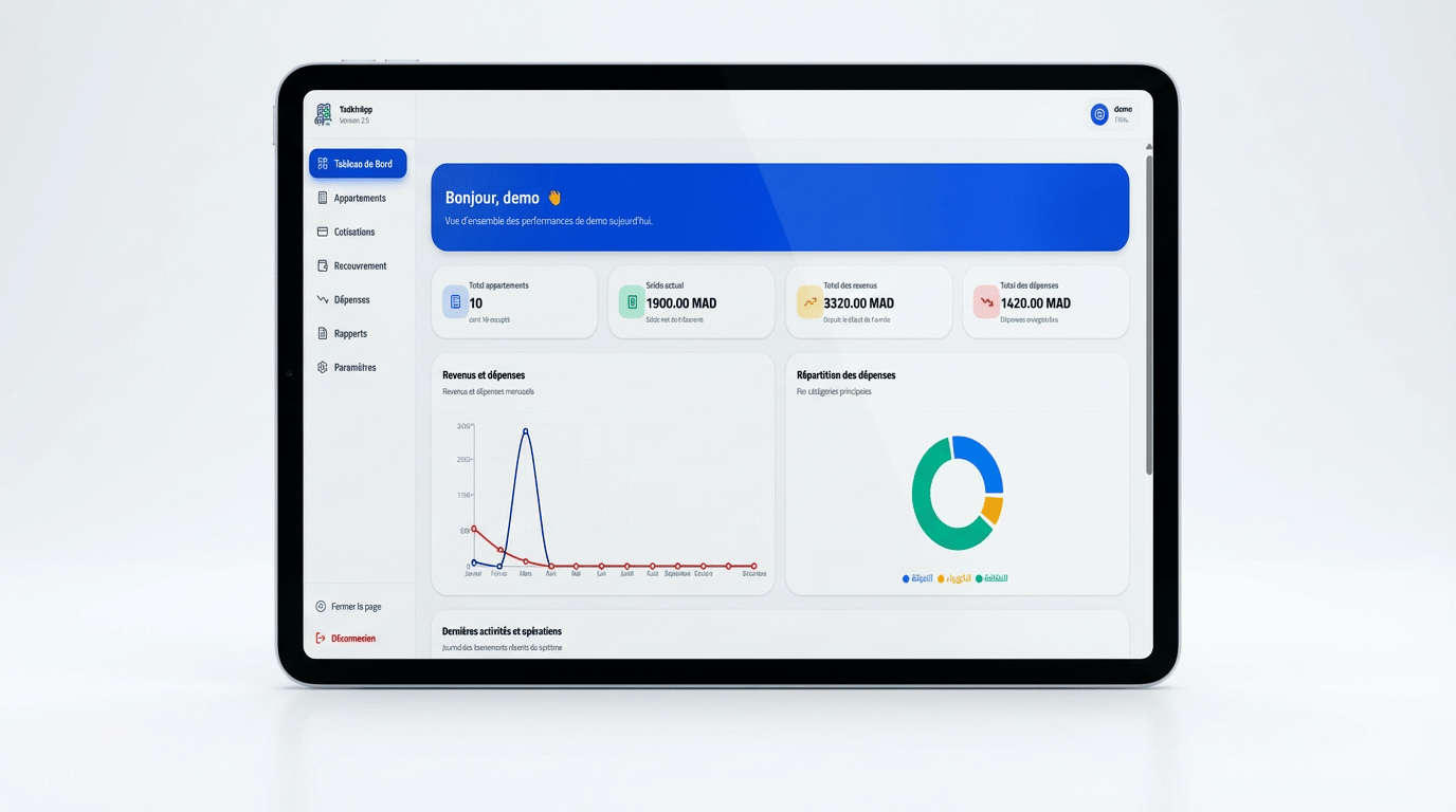 Interface TadbirApp - Logiciel de gestion syndic Rabat